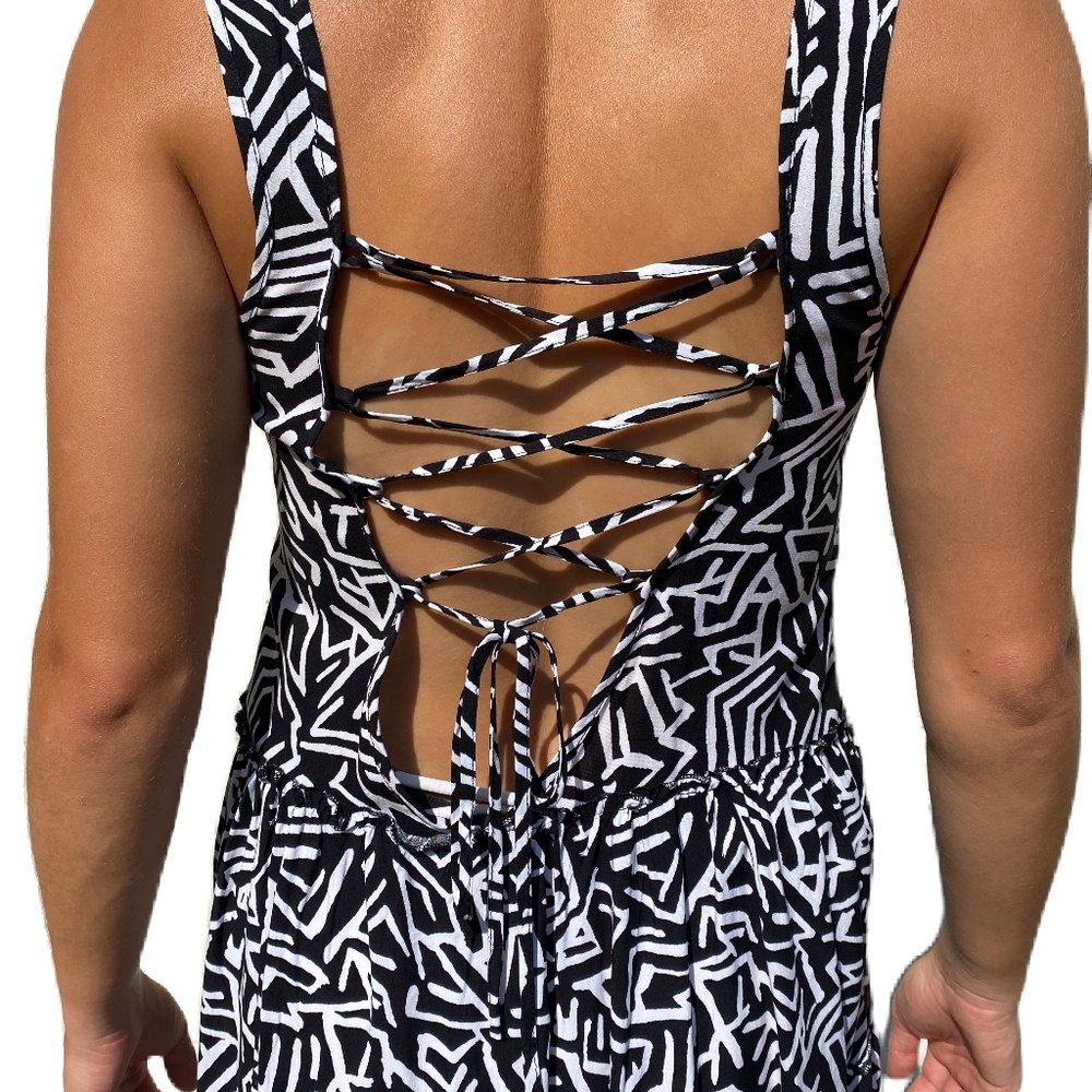 Vans mini tank dress lace up black white XS